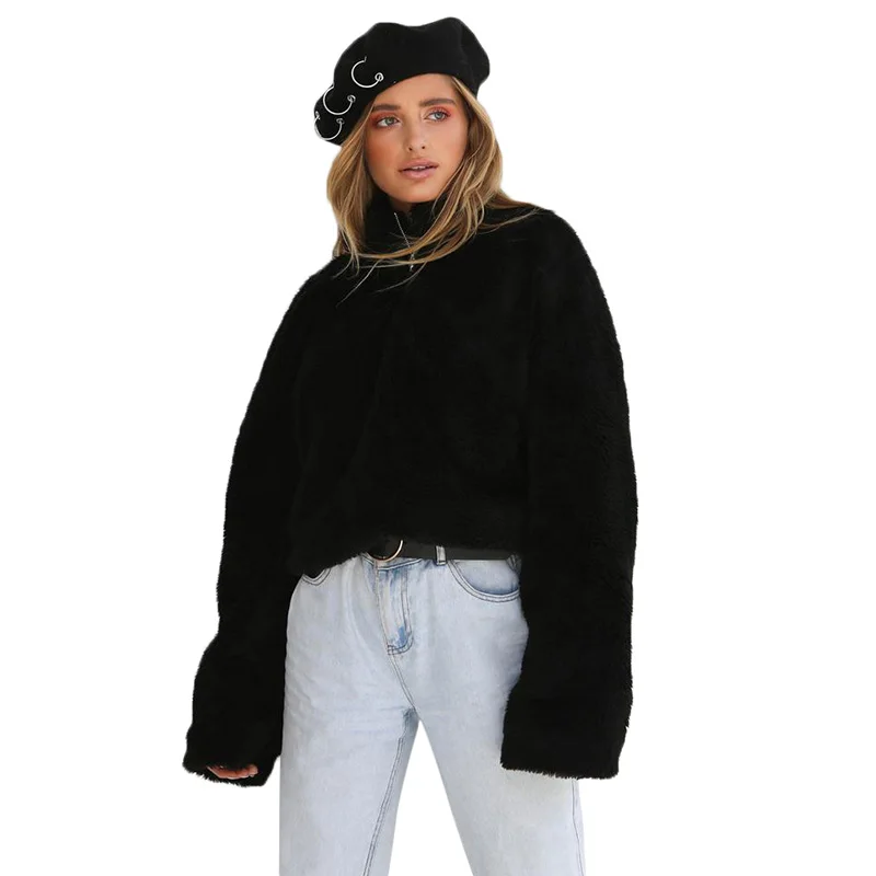 

2019 Fashion Tops Women Fluffy Cropped Hoodies Fleeces Solid Zipper Turtleneck Long Sleeves Sweatshirt Oversized Teddy Jumper
