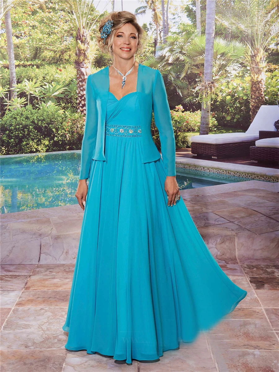 

Blue crystal beaded mother of the bride long dresses 2015 with jacket a line chiffon plus size cheap women formal dress UO_008