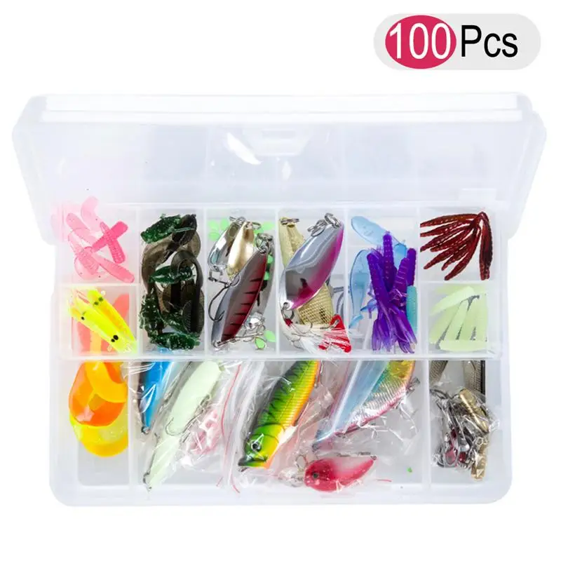 

100pcs Fishing Lures Spinners Plugs Spoons Soft Bait Pike Trout Salmon Box Set