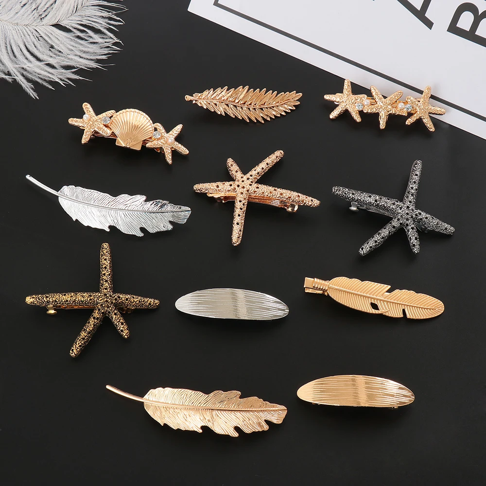 

Women Geometric Metal Leaf Shape Hair Clip Hair Jewelry Pearl Starfish Hairpins Feather Barrettes Hair Jewelry Tool Accessories