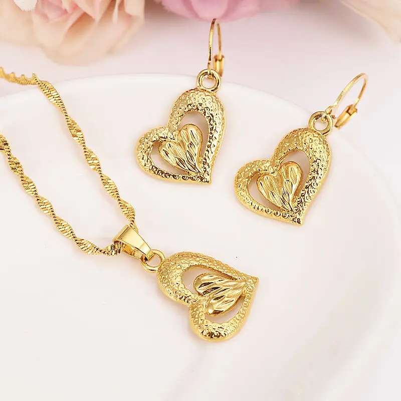 

14 k Fine Gold Fille Heart Shape Jewelry sets Pendant Necklaces Women,African Jewelry,Arab sets,Ethiopia charms partygift
