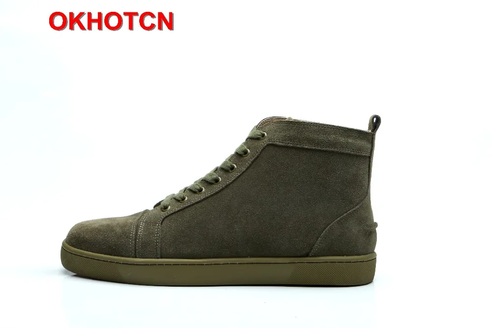 

Lace Up Leather High Top Sneakers For Men Solid Army Green Luxury Shoes Breathable Suede Men'S Flats Men Casual Shoes Big Size