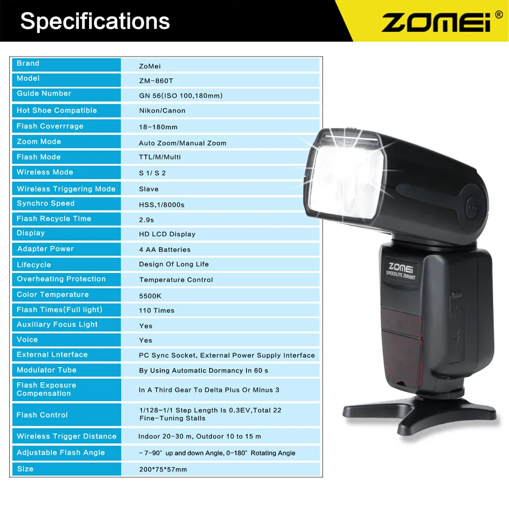 2015 new Zomei ZM860T вспышка корзины время 2.9 s GN 56 света вспышки speedlite для Nikon камеры