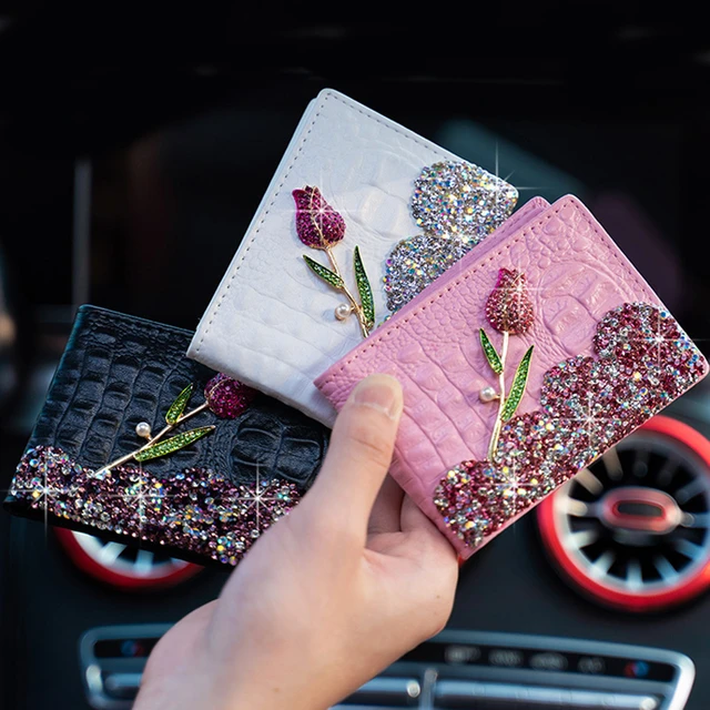 Porte-permis de conduire en cuir véritable pour femmes, fleur de Rose,  diamant, cristal, porte-clés de voiture, portefeuille, étui de poche pour  cartes de crédit - AliExpress