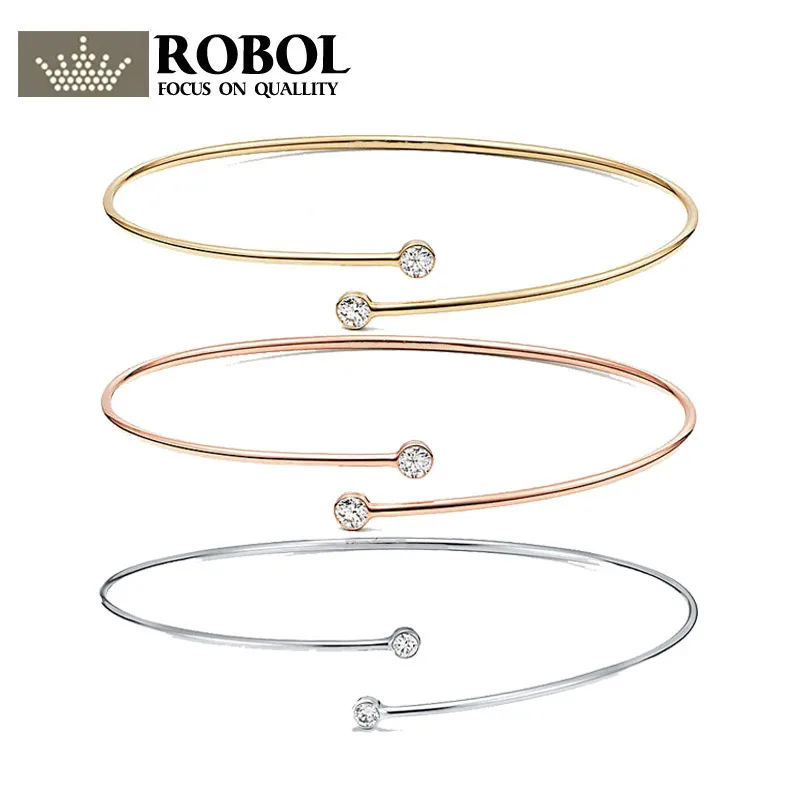 

ROBOL S925 Pure Silver TIFFDouble round head Shape CZ Bracelet Has Official Logo Wedding Banquet Elegant Female Women Jewelry
