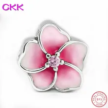 CKK очаровательные цветы бусины с розовой эмалью и прозрачный CZ DIY Fit PANDORA Подвески Серебро 925 для женщин ювелирных изделий CK008A