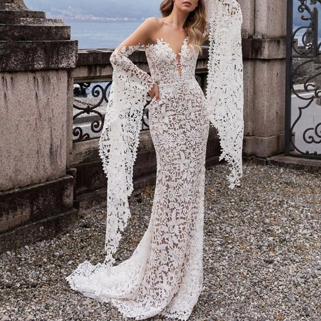 

Women's Autumn Maxi Dress V-Neck Off-shoulder Hollow Long Flare Sleeve Floor Length Swing Marry Dress Beautiful Ladies White
