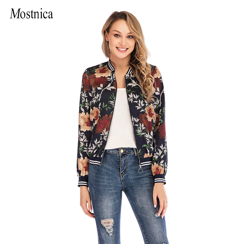 

Mostnica Flower Printed Vintage Women Flight Jacket Gothi Spring Striped Long Sleeves Zipper Retro Ladies Coat for Female