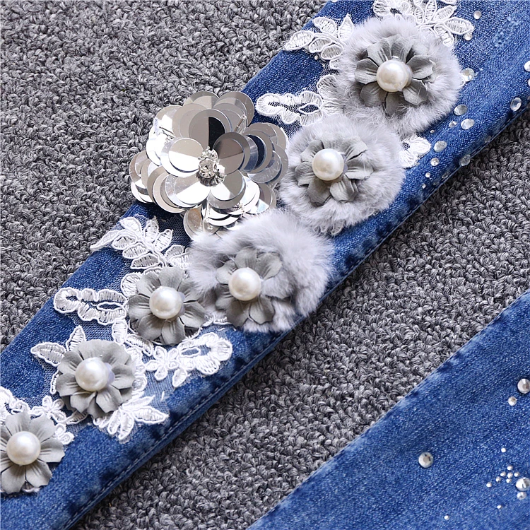 2019 демисезонный Ретро Цветочный Вышивка джинсы для женщин для мода цветы блестками алмаз узкие брюки плюс размеры
