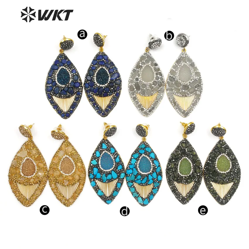 

WT-RE080 Unique Design Multi Color Nuggest Gem stone With Pave Rhinestone Leaf Shape Earring Women Fashion Jewelry Earring