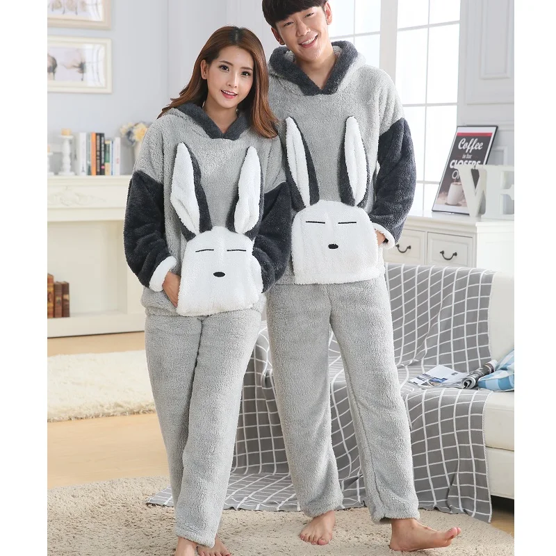 Зимние пары коралловый флис домашняя одежда для женщин животных пижамы мужчин pijama masculino со шляпой длинные шерстяные теплые толстые