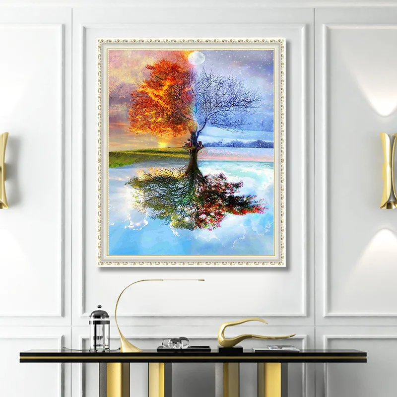 

Four Seasons Tree Landscape 5D Diamond Painting Sitting Cross Stitch Kit Full Diamond Embroidery Home Decoration Accessories