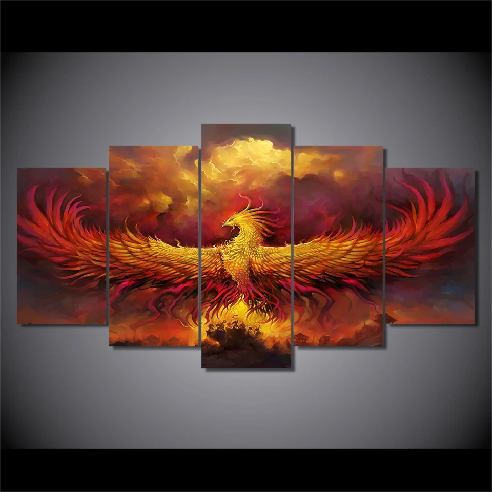 

Canvas HD Poster Wall Art Pictures Frame Home Decor Room 5 Panel Comics Phoenix Animal Printed Painting Modern Frame