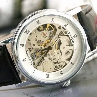 Fashion Casual Brand Design Men Steampunk Skeleton Hollow Genuine Leather Round Dial Automatic Mechanical Business Wrist
