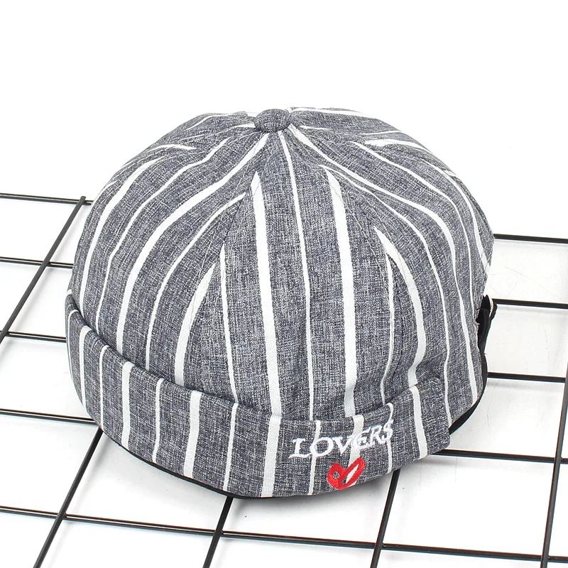 

Vintage Brimless Hat Breathable Beanie Hat stripe Cotton Retro Adjustable Literary Landlord Sailor Cap Women Hip Hop Hat