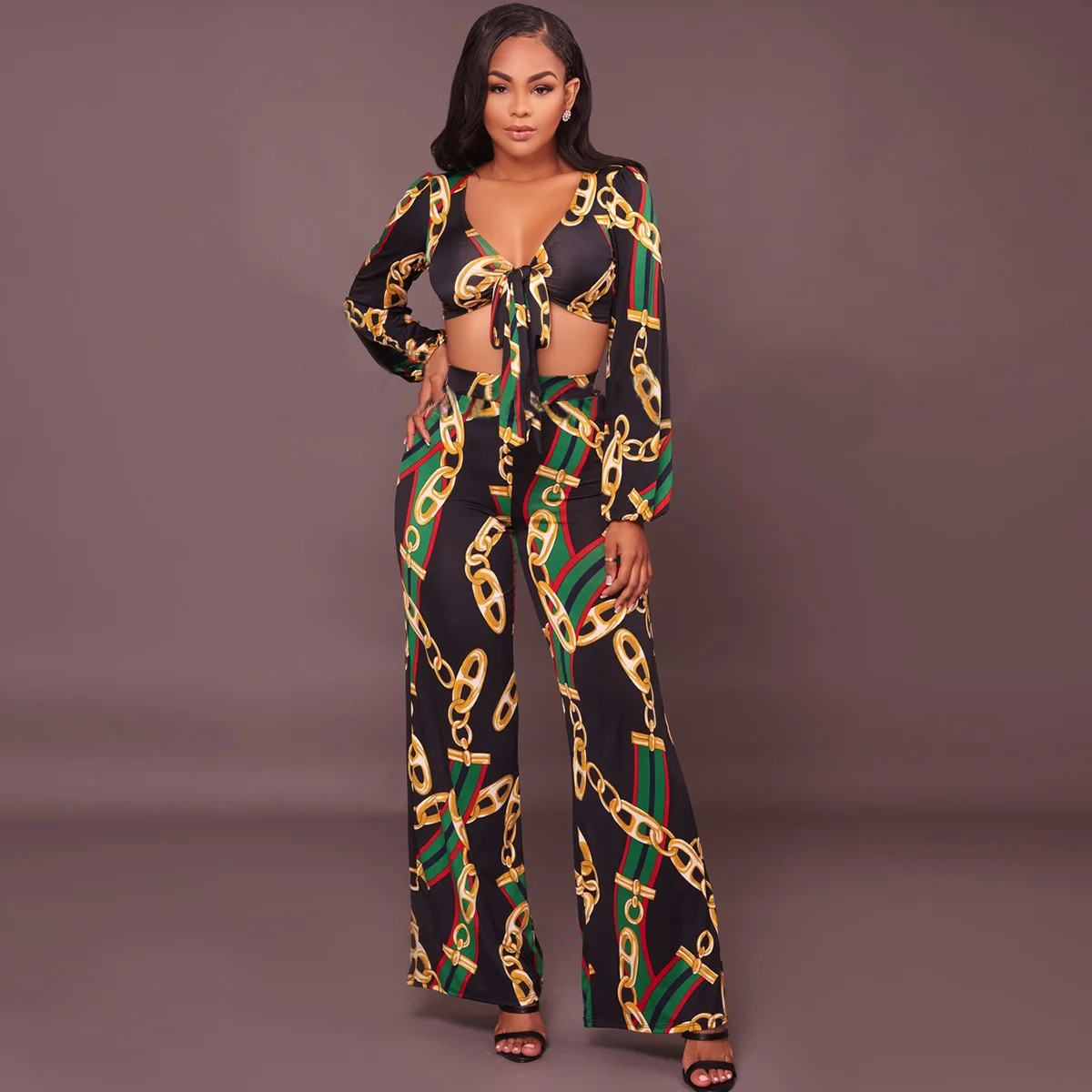 Sexy Design 2018 New Popular Slim Women 2 Piece Elegant Sets Print Bow ...