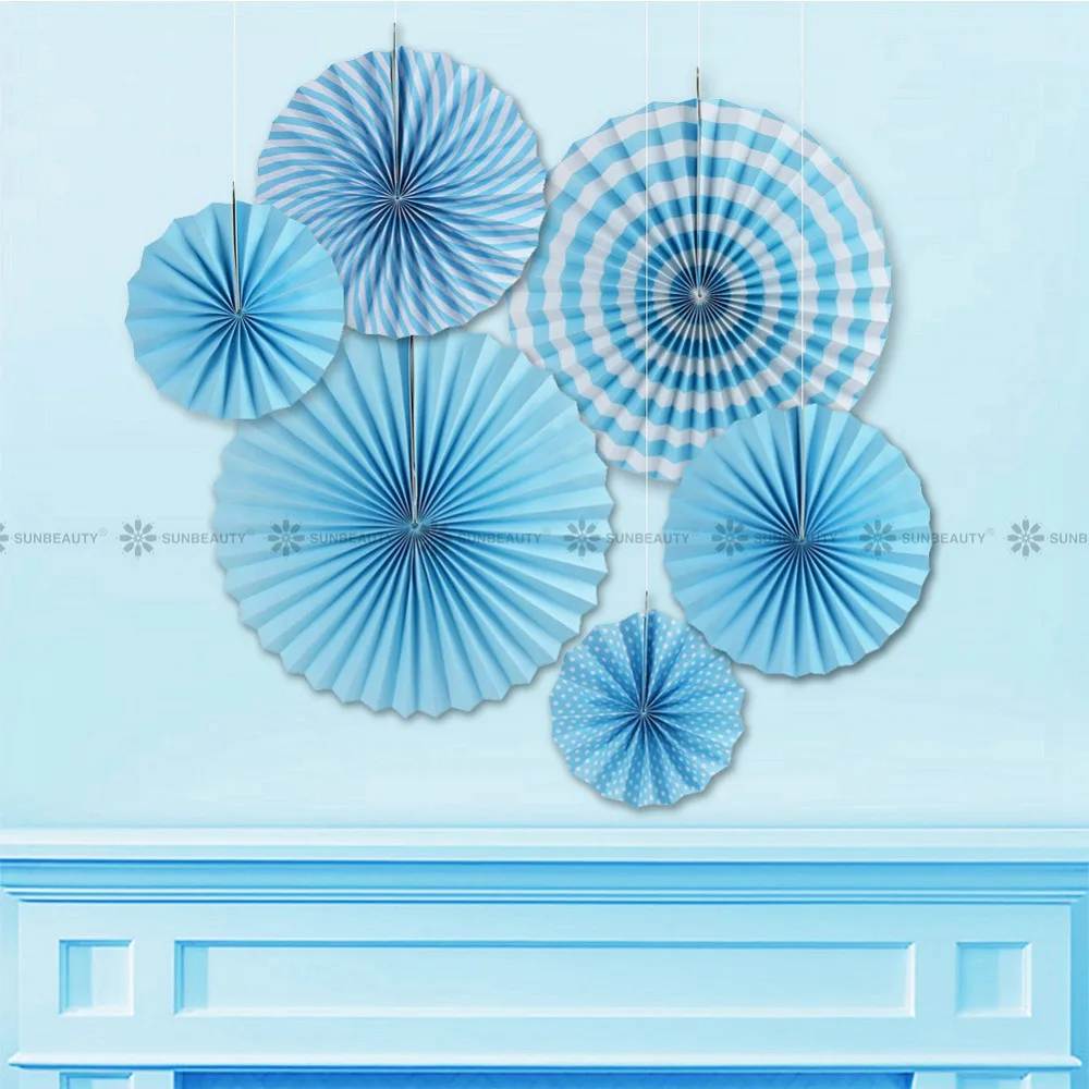 

Set of 6 Blue Party Decorations Paper Fans Rosettes Backdrop Paper Pinwheel Garland Wedding Birthday Shower Room Decorations