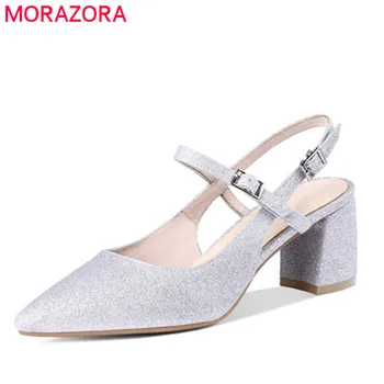 

MORAZORA 2020 top quality summer shoes pointed toe women sandals simple buckle solid color wedding shoes square high heels shoes