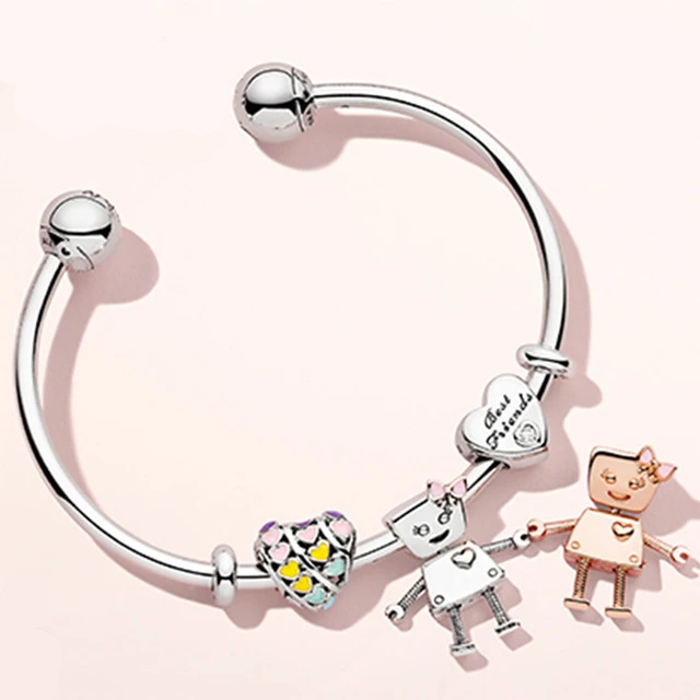 

100% 925 Sterling Silver Brand New 1:1 Friend Bracelet Heart-Shaped Sun Robot Bracelet Set Original Fashion Jewelry Gift