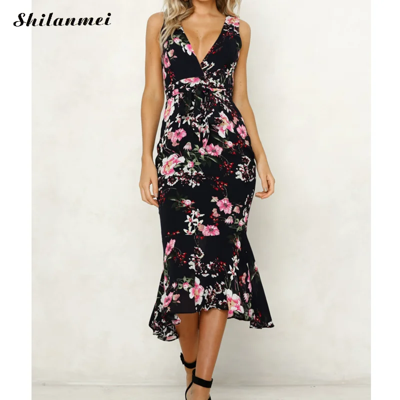

Summer Long Printed Dress For Women 2019 New Fashion Evening Party Sling Deep V Shivering Slim Mermaid Dress Female Boho Vestido