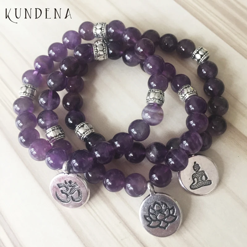 

8mm Amethysts Lotus Charm Bracelet High Quality Om Yoga Buddhist Bracelet Mala Amethysts Purple Stone Stretch Bracelet Women