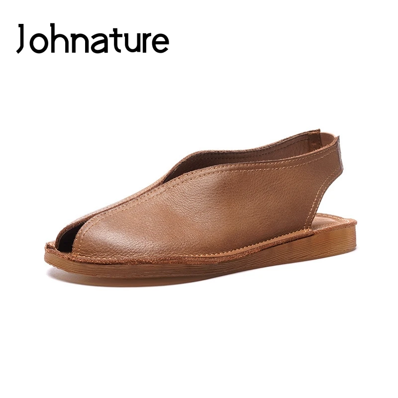 

Johnature 2019 New Peep Toe Genuine Leather Casual Elastic Band Sandals Retro Sewing Shallow Flat With Back Strap Women Shoes