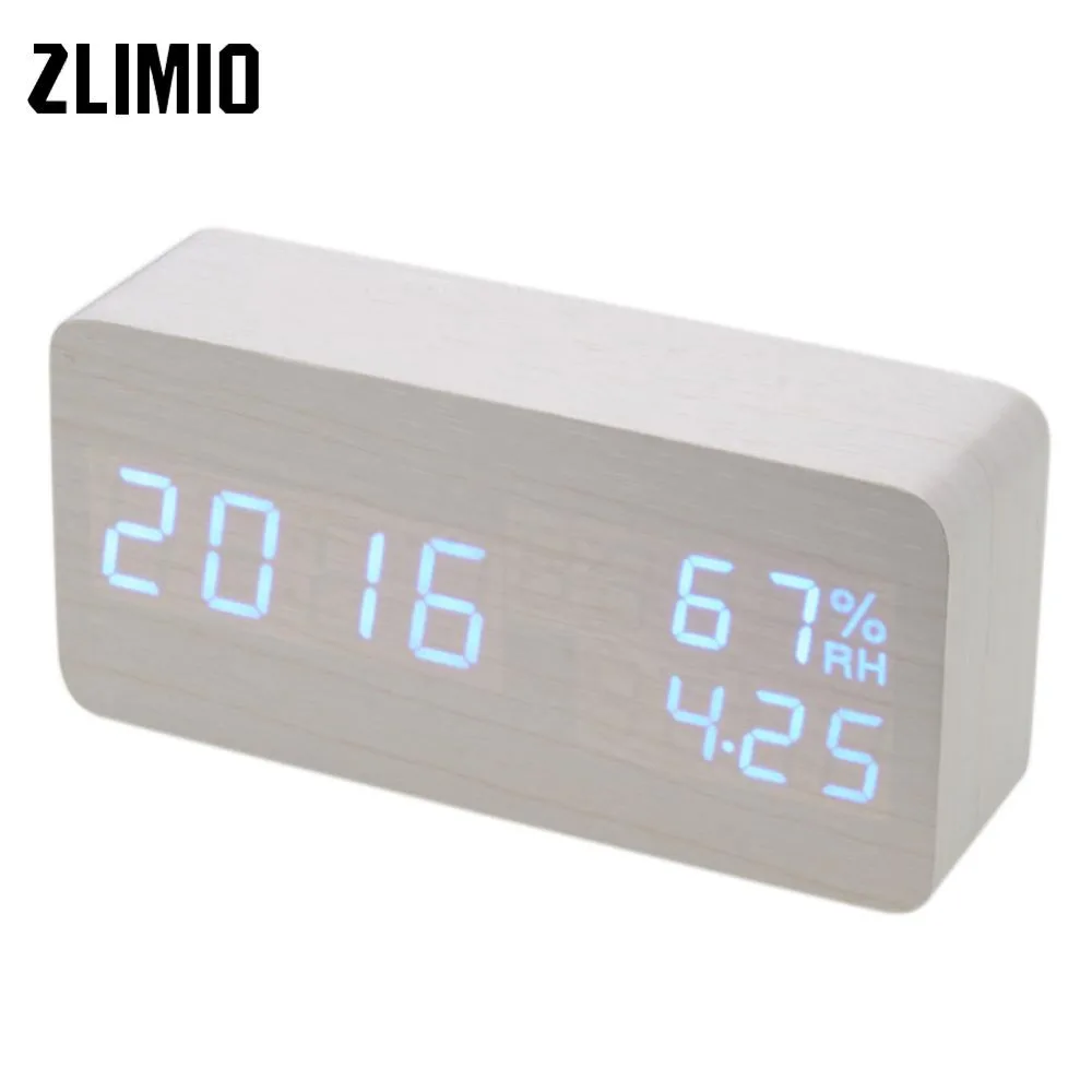 Modern Wooden Wood Digital LED Alarm Clock Voice Control Timer Thermometer Gift