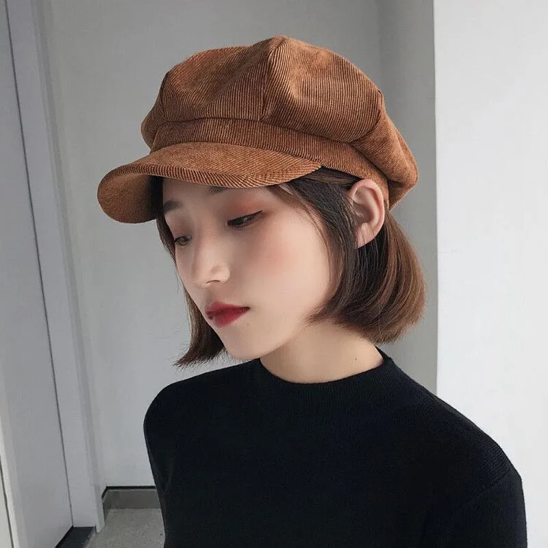 

Retro Autumn Winter Spring Corduroy Beret Cap Women Plain Solid Octagonal Newsboy Cap Vintage Painter Artist Female Beret