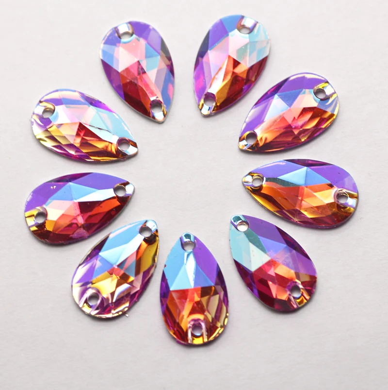 100pcs 10.5*18mm purple AB Silver Base FlatBack Rhinestone Sew On Stone