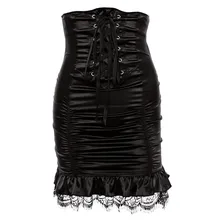 Gothic Bodycon Skirt Women Autumn Stylish Lace Bandage Pleated Zipper High Waist Slim Ladies Party Club Sexy Goth Black Skirts stylish cami lace women s bodycon dress
