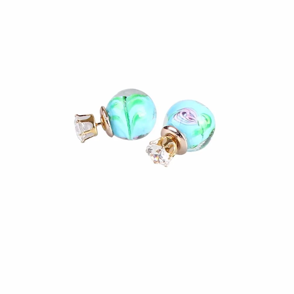 

New Arrival Fashion Style Women Double Side Earrings Blue White Ball Stud Earring Flower Crystal Ear Stud Rose Gift ES3418