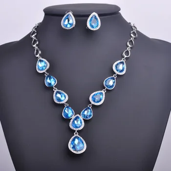 

Blucome New Water Drop Long Necklace Earring Jewelry Set Marine Blue Crystal Female Girl Ceremony Dress Banquet Gift Accessories