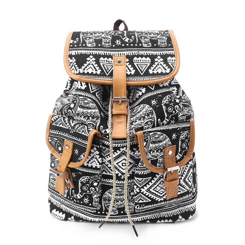 

Vintage Black Elephant Canvas Printing Backpack Women Drawstring Rucksack Bagpack Mochilas Feminina School Bags for Teenage Girl