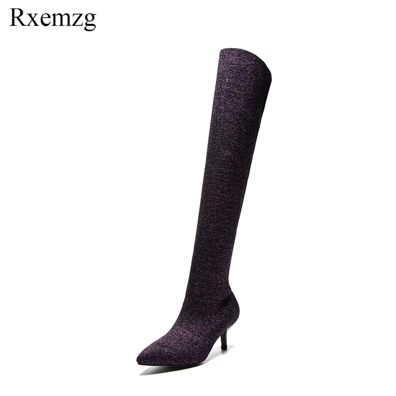 

Rxemzg autumn winter women's shoes newest fashion over the knee stretch long boots high heels bling knitting sock boots purple