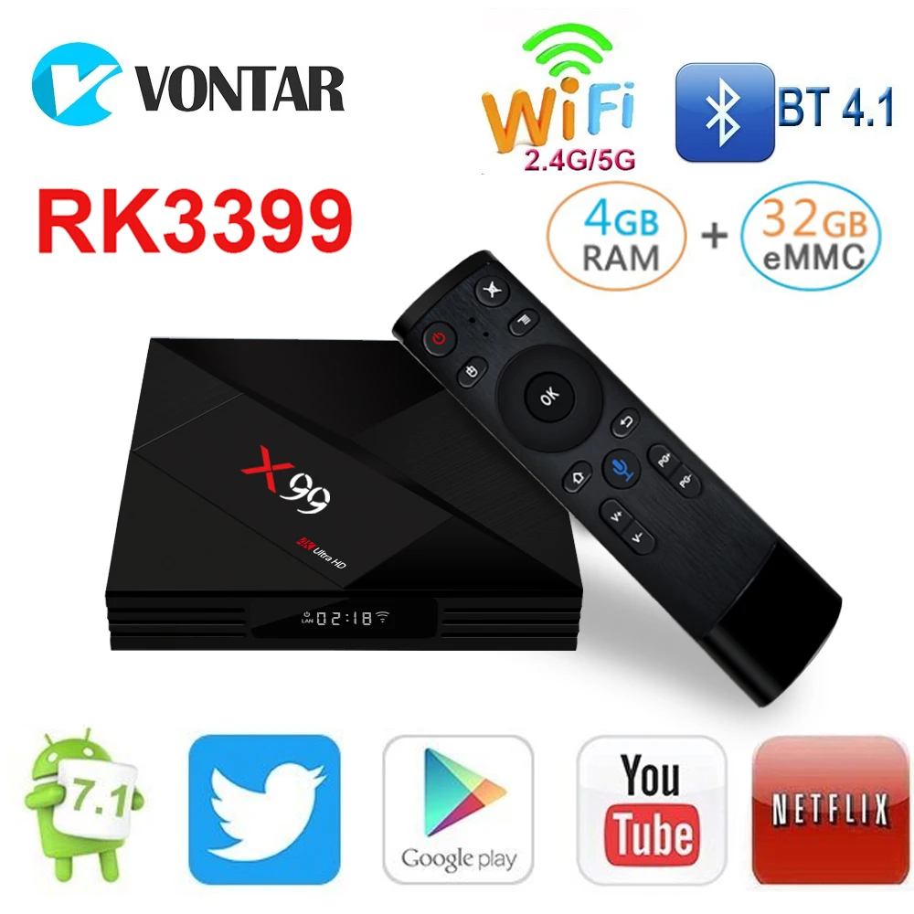 

VONTAR X99 Android TV Box Rockchip RK3399 Android 7.1 OS 4GB 32GB Type-C USB3.0 1080p 4K Streaming Box with Google Play Store
