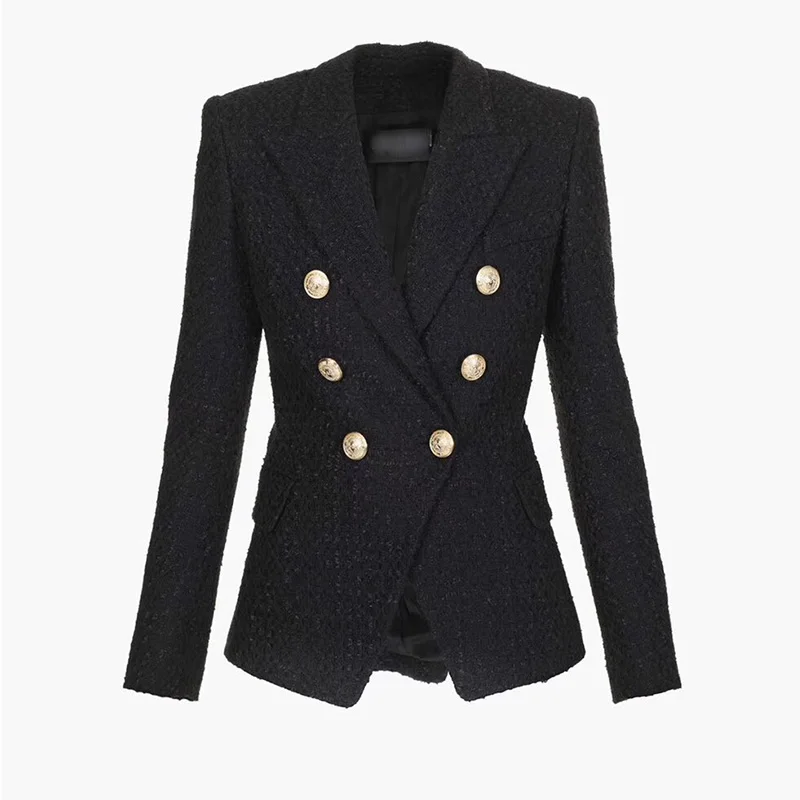 Classic Designing European All-match Stylish Double Breasted Black Weaving Skinny Bodycon Women Blazer High Quality