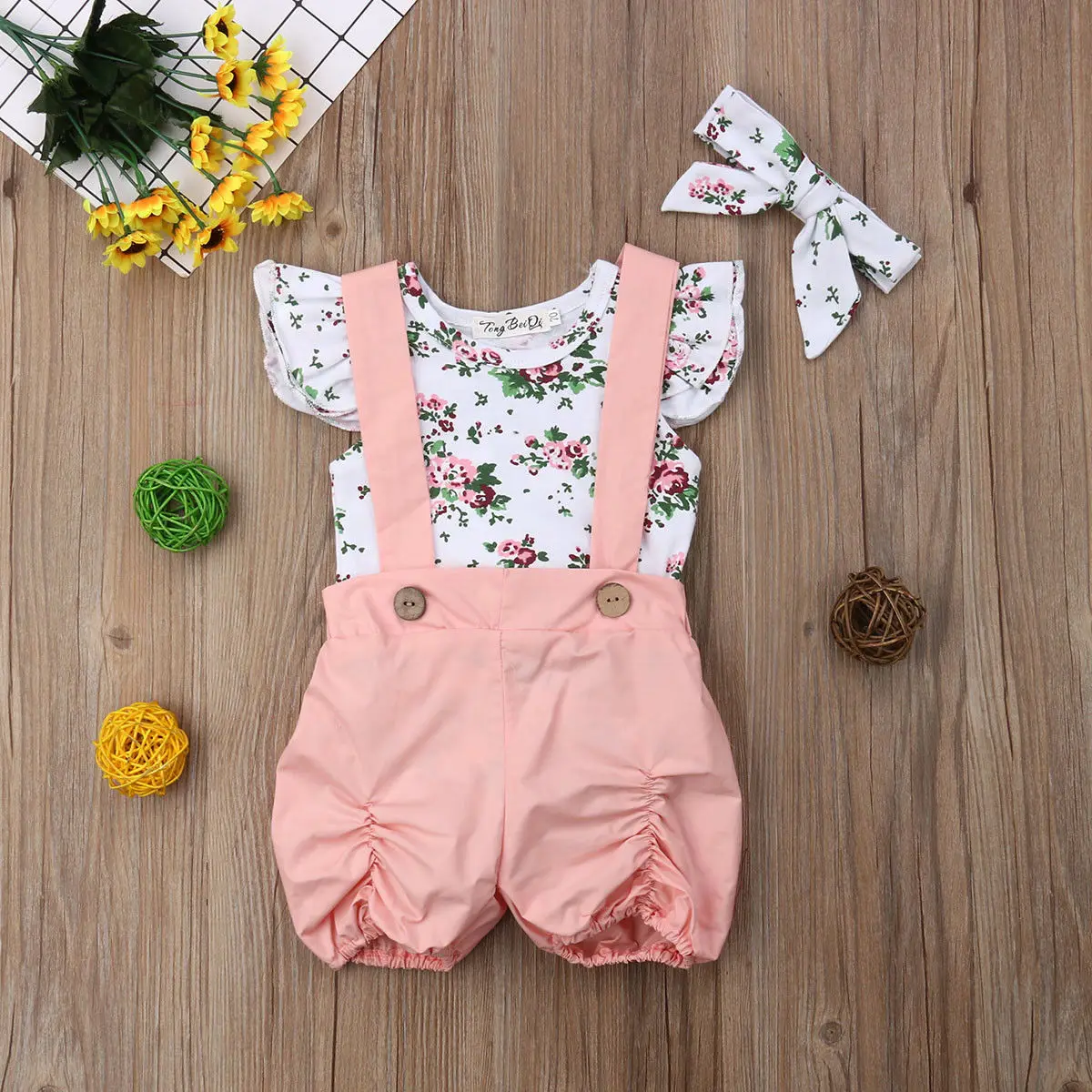 Комплект летней одежды с рукавами-крылышками для новорожденных и маленьких девочек; топы с цветочным рисунком; комбинезон+ розовый комбинезон; повседневная одежда из 2 предметов - Цвет: Белый