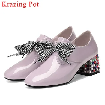 

2019 European style large size natural leather colorful crystals med heels riband bowtie lace up clubwear gorgeous pumps L92