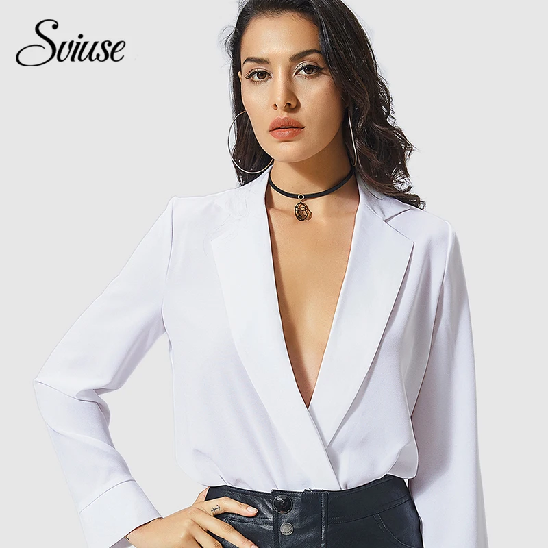 Women Sexy White Shirt Bodysuit Autumn Female Deep V Neck Long Sleeve
