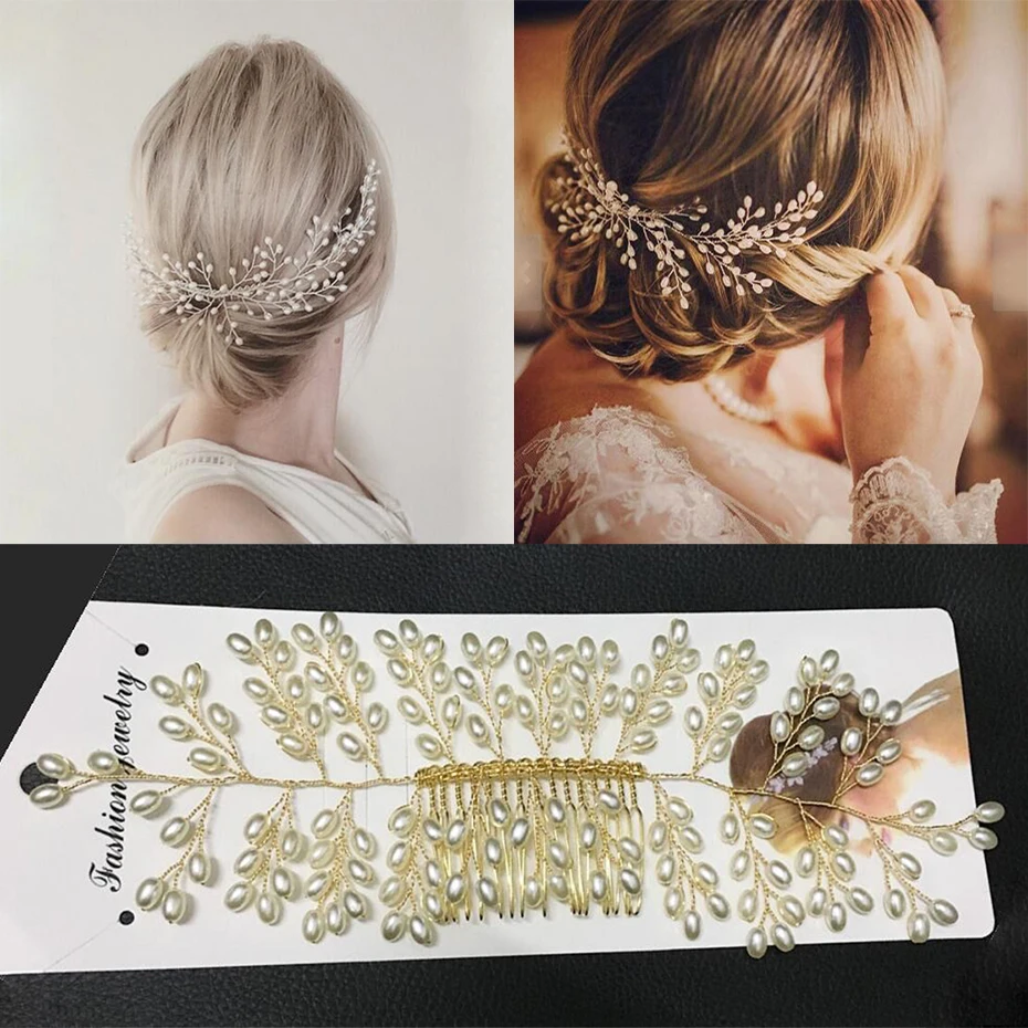 

Gold and Silver Color Imitation Pearl Bride Hair Comb Wedding Hair Accessories Fashion Handmade Head Jewelry Women's Headdress