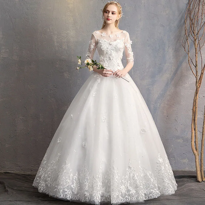 Noble Long Sleeves Wedding Dresses Lace 2019 Elegant Ball Gown Beading Pearls Flowers Vestidos de Novia Floor Length (1)