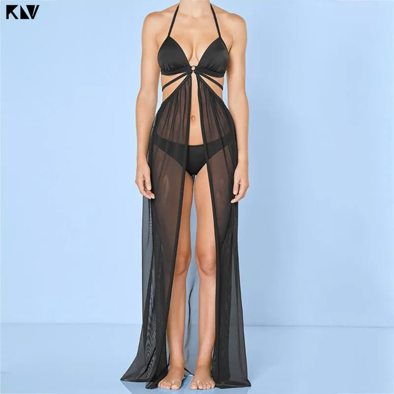 

KLV Women Summer Bandage Mesh Sheer Maxi Beach Skirt Solid Color Open Front Bikini Swimsuit Cover Up Split Wrapped Sarong