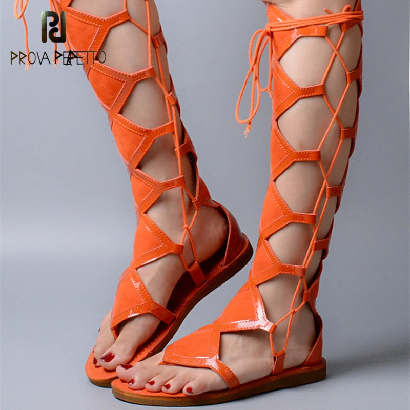 

Prova Perfetto Summer Fashion Cross-tied Diamond Genuine Leather Patchwork Boot Sandals Gladiator Style Flat Woman Sandals