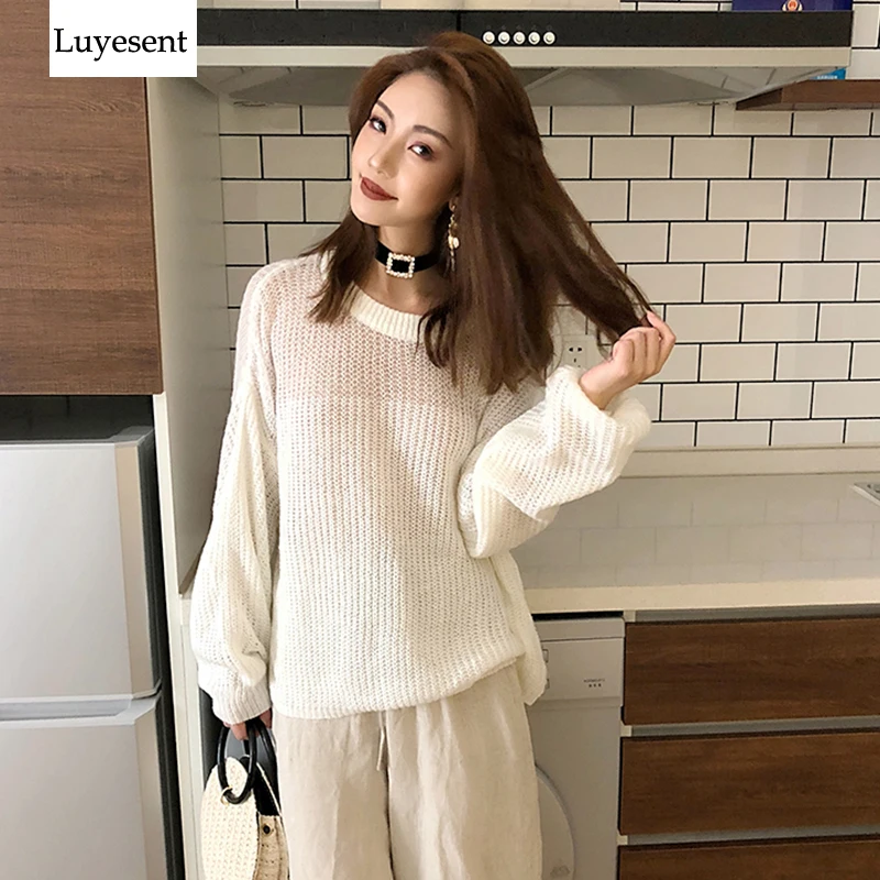 

Women Solid White 2019 Transparent hollowout Thin Pullover Sweater Femme Oversize See Through Sweaters Korean Style Big Size