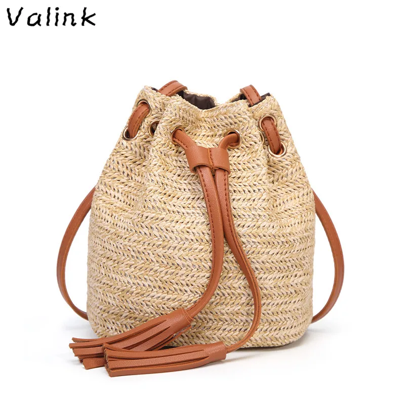 Straw Summer Bucket Bag Purse Weave Purse Handbag Fringe Bohemian Bag