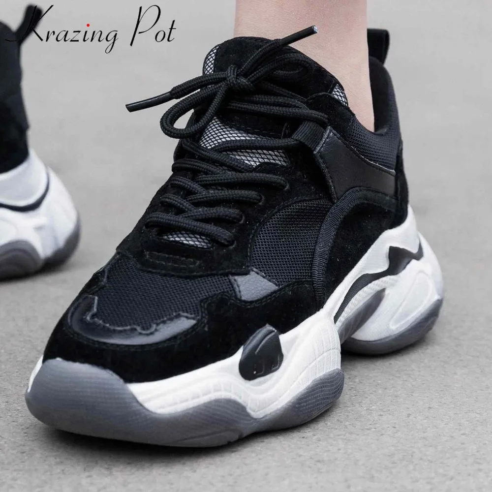 

Krazing Pot mixed clors retro breathable thick bottom lace up sneakers concise preppy style casual wear vulcanized shoes L38