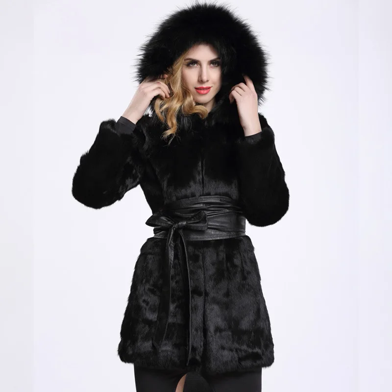 

long Slim genuine rabbit fur coat whole skin with fox fur collar hooded