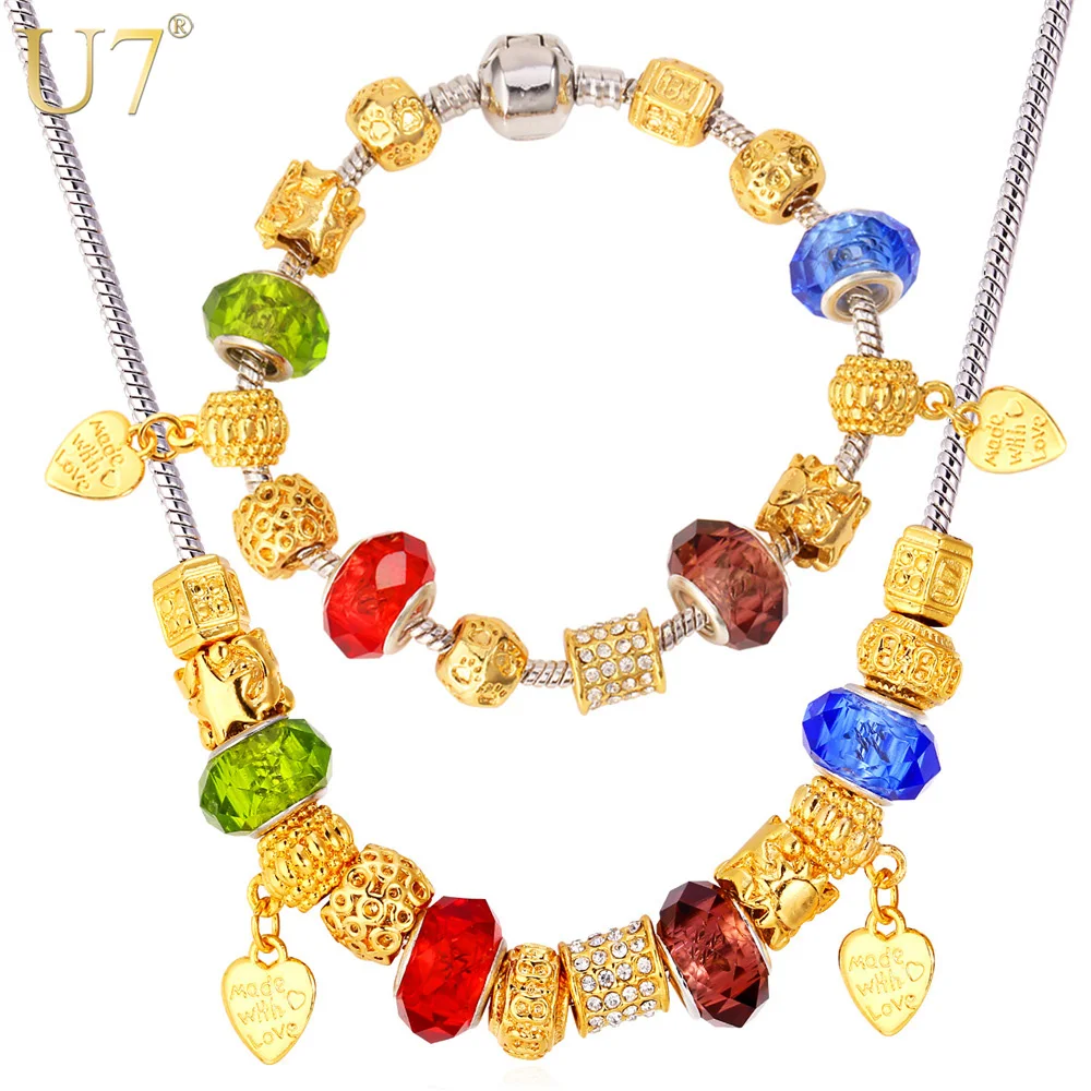 

U7 Beads Necklace Set Gold Color Crystal DIY Heart Necklace Bracelet Women Gift Party Jewelry Set S760