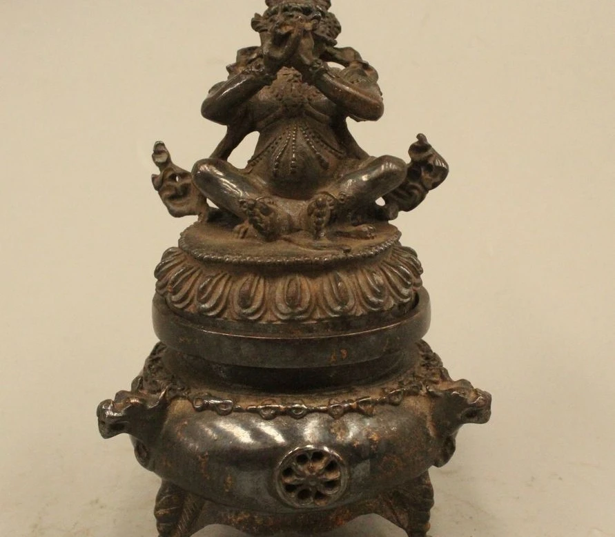 

6"Marked China Tibet Buddhism Pure Bronze Mahakala Buddha Incense Burner Censer