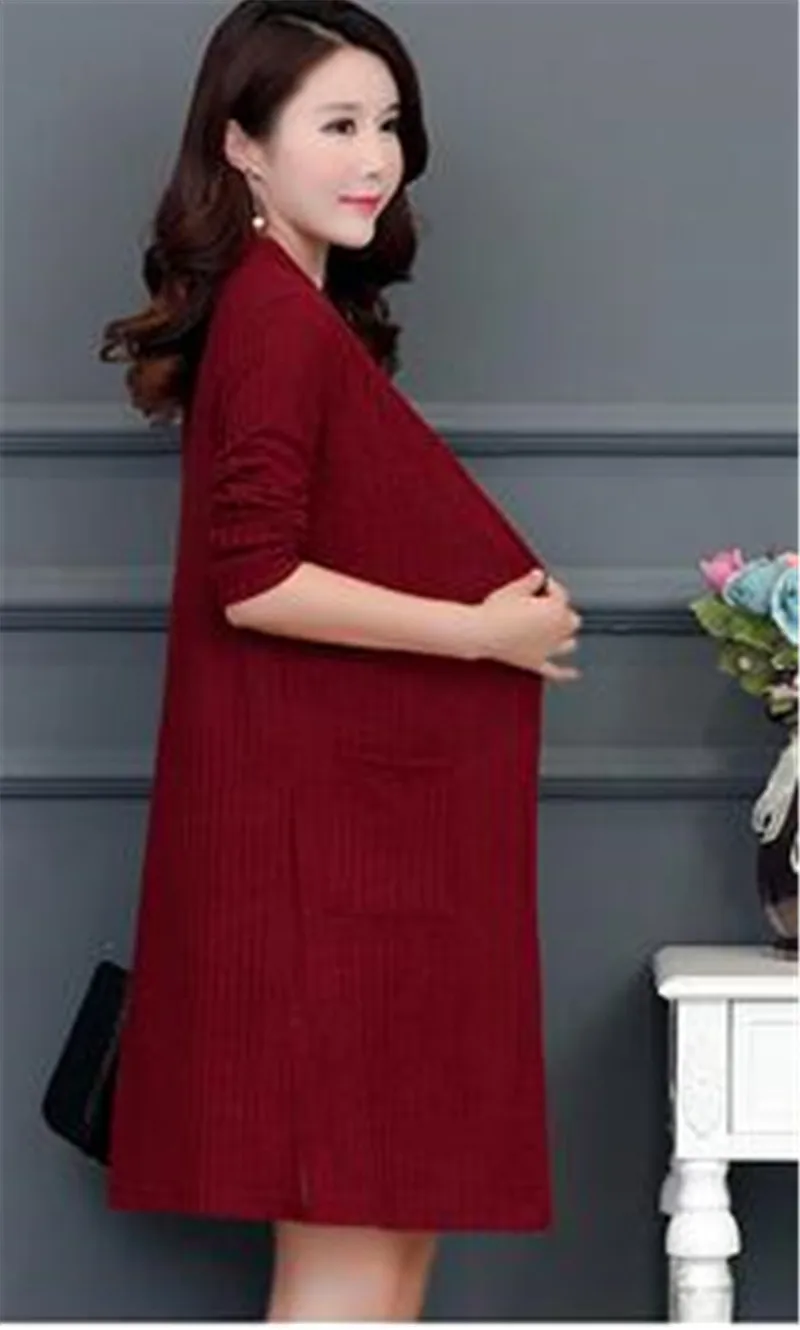 Корейская мода размера плюс 4xl 5xl однотонный длинный кардиган большого размера с карманами вязанный осенний Свободный XL-5XL женский свитер PZ1660 - Цвет: Бургундия